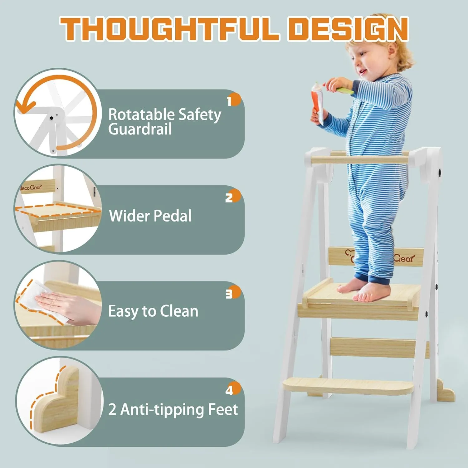 Taleco Gear Foldable Toddler Kitchen Stool Helper, 3 Adjustable Heights Wooden Kids Helper Tower - Collapsible Toddler Stool for Bathroom & Kitchen Safety (Nature)