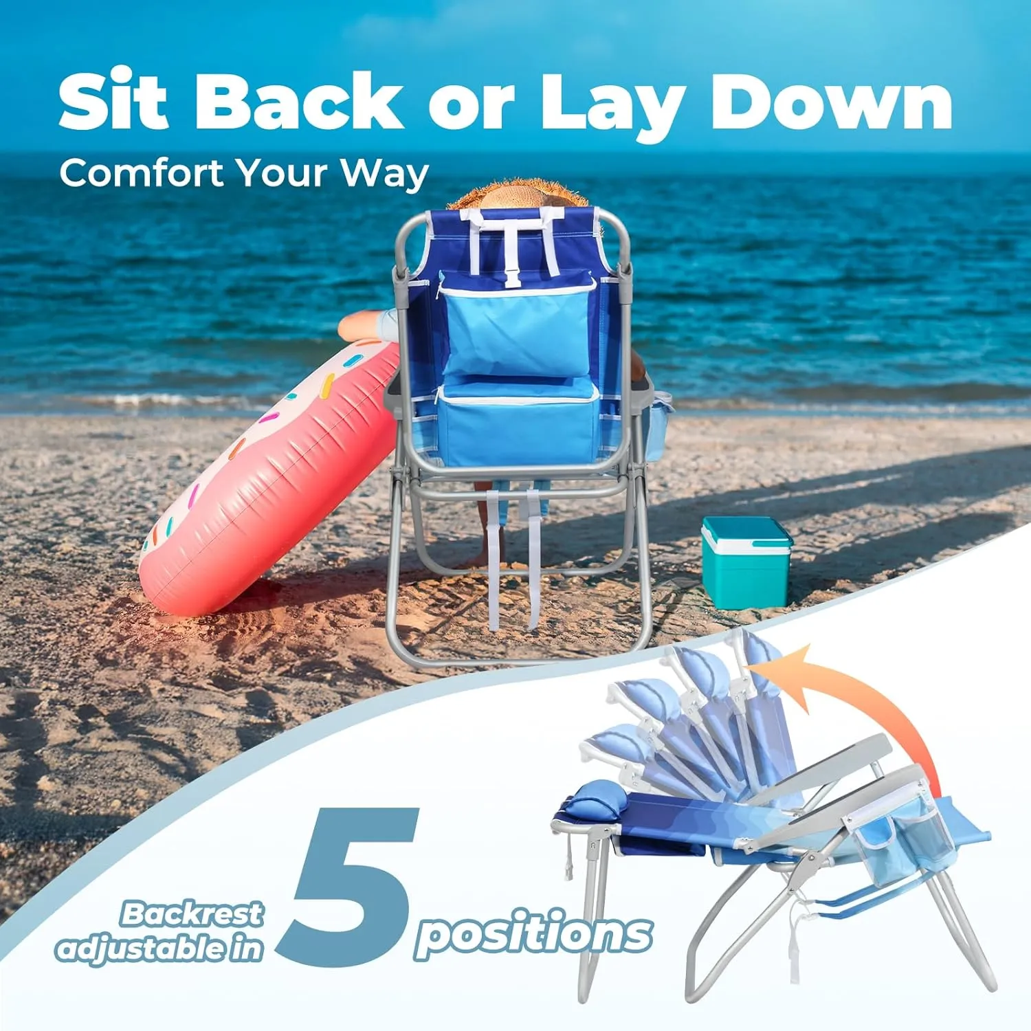 Tall Beach Chairs for Adults – 5-Position Reclining Backpack Chair with Large Insulated Cooler & Storage Pocket, Aluminum Frame, Portable for Travel & Outdoor, Supports 300lbs,Wave Blue，2 Pack