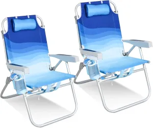 Tall Beach Chairs for Adults – 5-Position Reclining Backpack Chair with Large Insulated Cooler & Storage Pocket, Aluminum Frame, Portable for Travel & Outdoor, Supports 300lbs,Wave Blue，2 Pack
