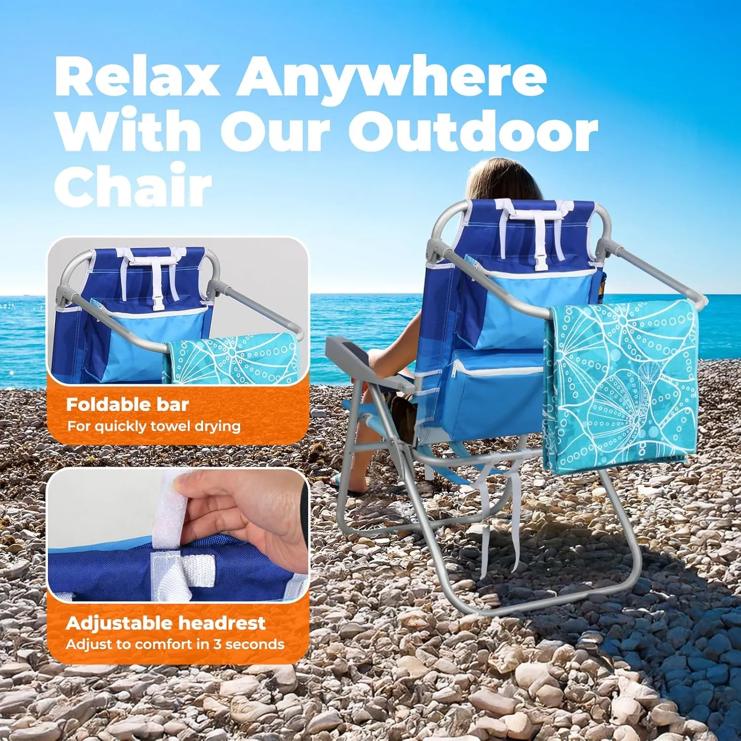 Tall Beach Chairs for Adults – 5-Position Reclining Backpack Chair with Large Insulated Cooler & Storage Pocket, Aluminum Frame, Portable for Travel & Outdoor, Supports 300lbs,Wave Blue，2 Pack