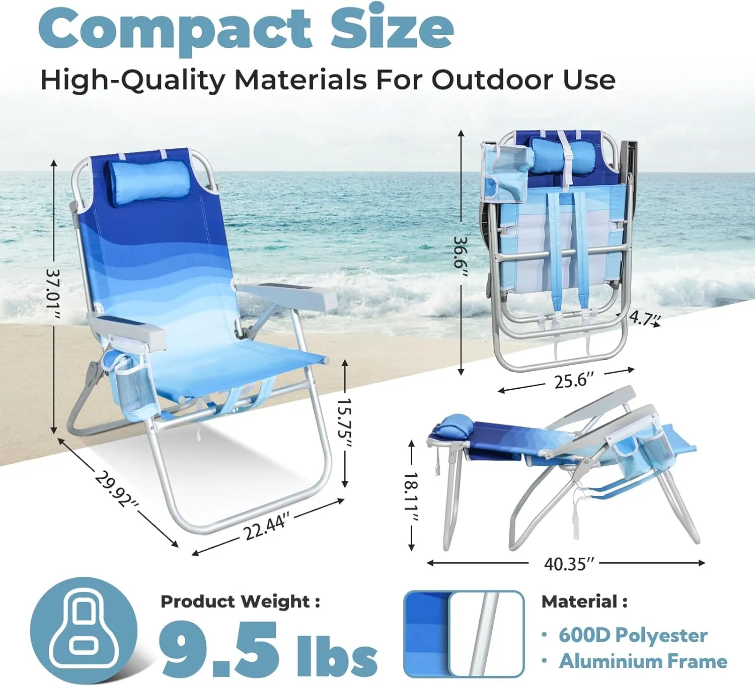 Tall Beach Chairs for Adults – 5-Position Reclining Backpack Chair with Large Insulated Cooler & Storage Pocket, Aluminum Frame, Portable for Travel & Outdoor, Supports 300lbs,Wave Blue，2 Pack