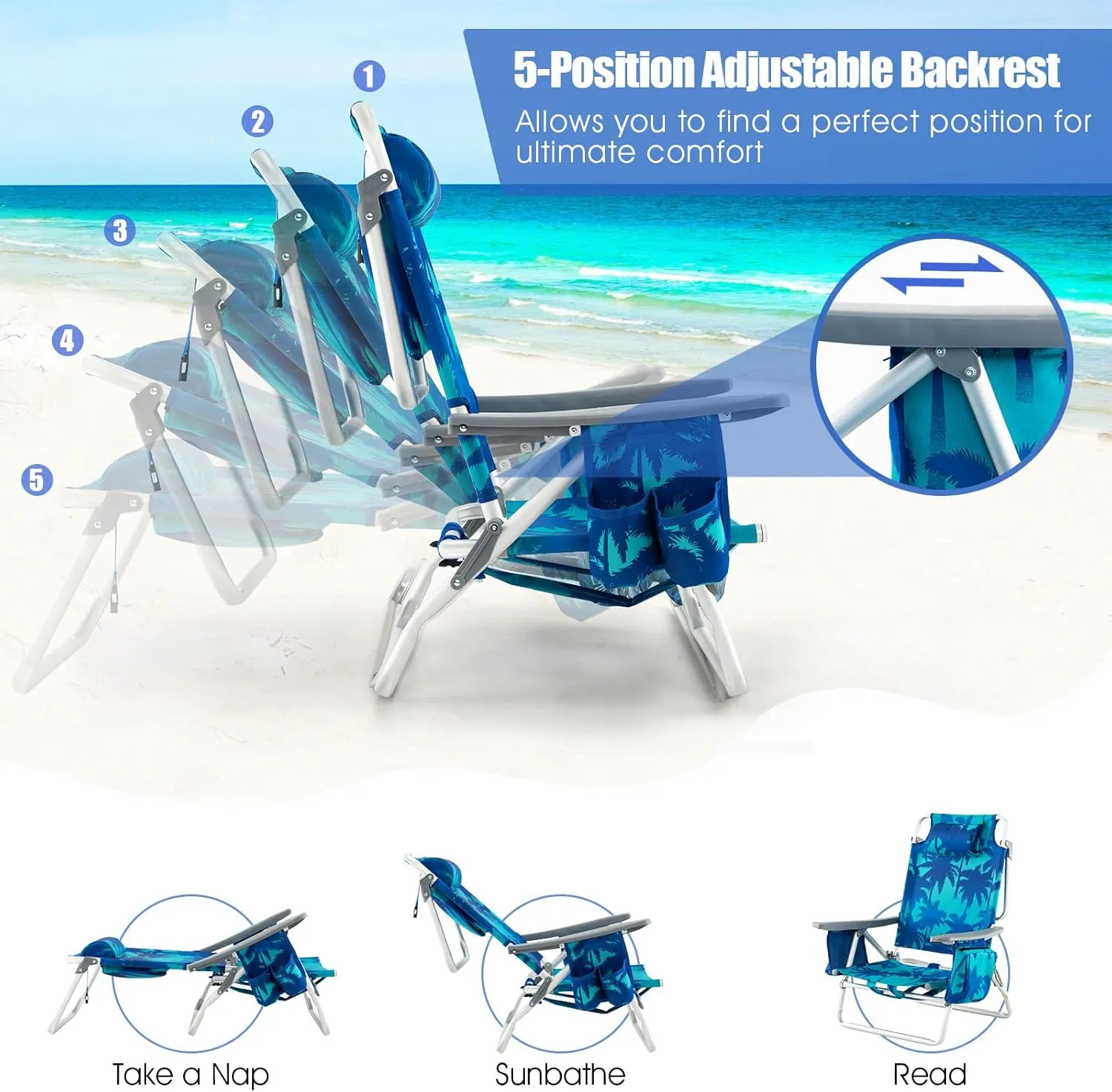 Tangkula Backpack Beach Chair with Table, 5-Position Lay Flat Beach Chairs with Cooler Bag, 2 Cup Holders, Towel Bar, Lightweight Low Folding Beach Chair with Backpack Straps