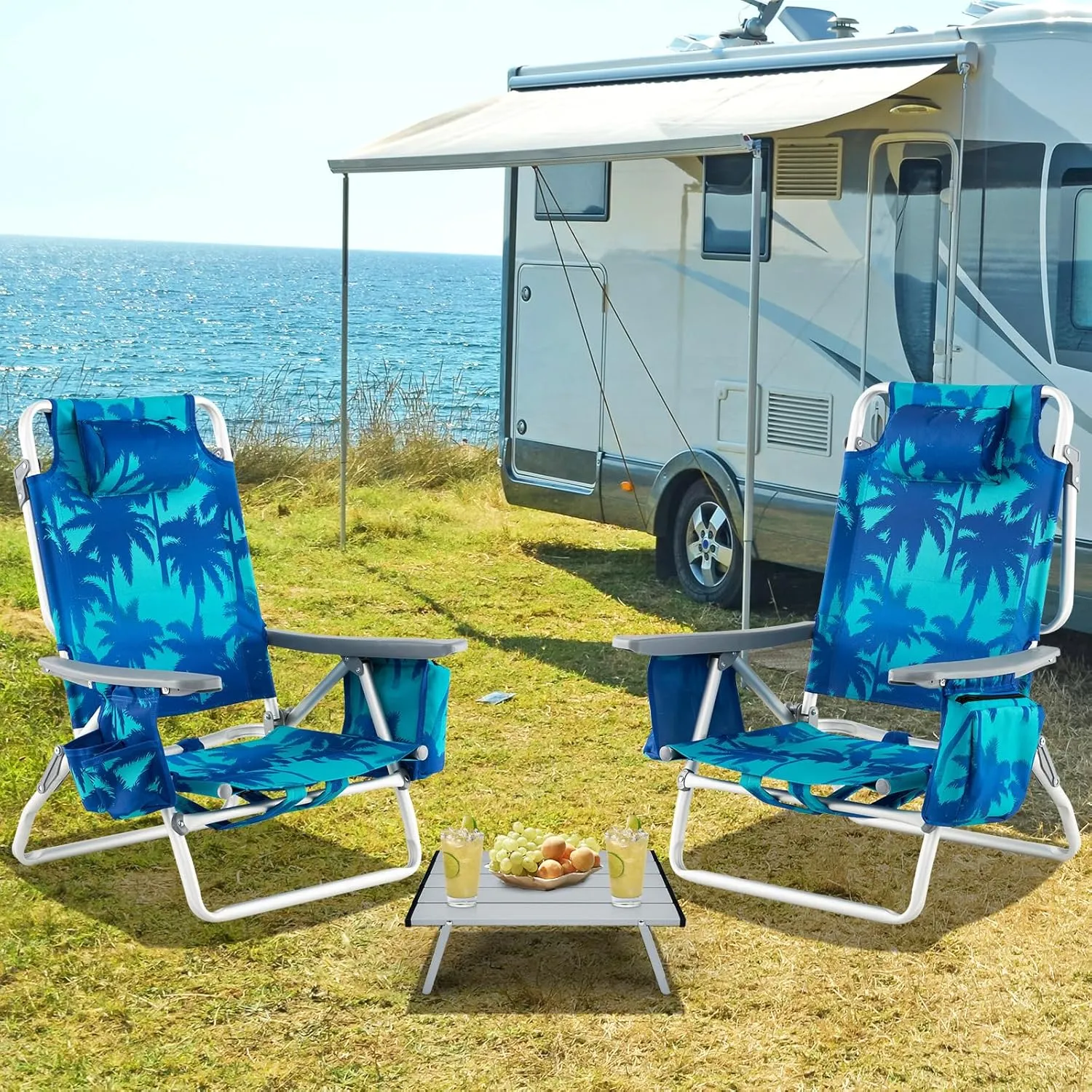 Tangkula Backpack Beach Chair with Table, 5-Position Lay Flat Beach Chairs with Cooler Bag, 2 Cup Holders, Towel Bar, Lightweight Low Folding Beach Chair with Backpack Straps