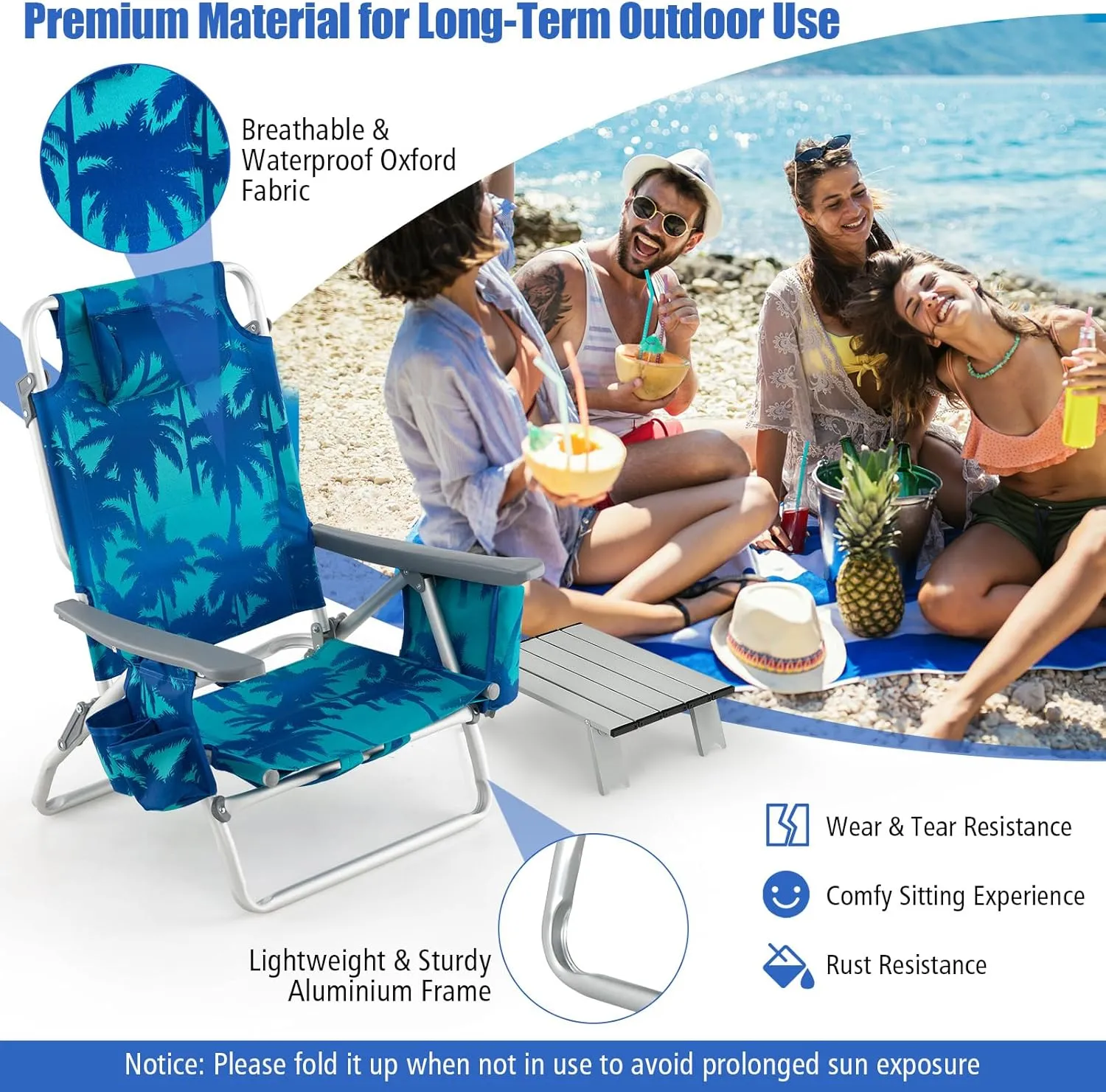 Tangkula Backpack Beach Chair with Table, 5-Position Lay Flat Beach Chairs with Cooler Bag, 2 Cup Holders, Towel Bar, Lightweight Low Folding Beach Chair with Backpack Straps