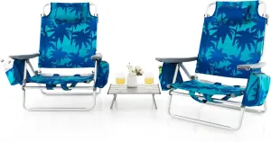 Tangkula Backpack Beach Chair with Table, 5-Position Lay Flat Beach Chairs with Cooler Bag, 2 Cup Holders, Towel Bar, Lightweight Low Folding Beach Chair with Backpack Straps