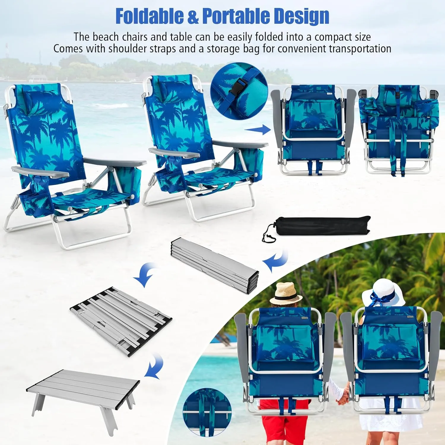 Tangkula Backpack Beach Chair with Table, 5-Position Lay Flat Beach Chairs with Cooler Bag, 2 Cup Holders, Towel Bar, Lightweight Low Folding Beach Chair with Backpack Straps