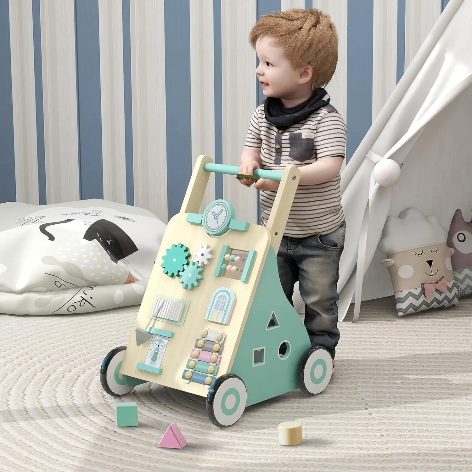TaoHFE Wooden Baby Walker, Walking Toys Assist Babies Learning Stand Walk, Baby Walkers for Boys Height Adjustable, Baby Walker with Wheels as Gifts for Toddlers and Boys, Green