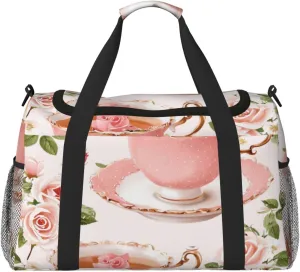 Tea Cups with Roses Romantic Shabby Print Travel Duffel Bag for Men & Women, Foldable Travel Bags and Spacious Weekender Tote Bag for Storage Toiletry Luggage Personal Item