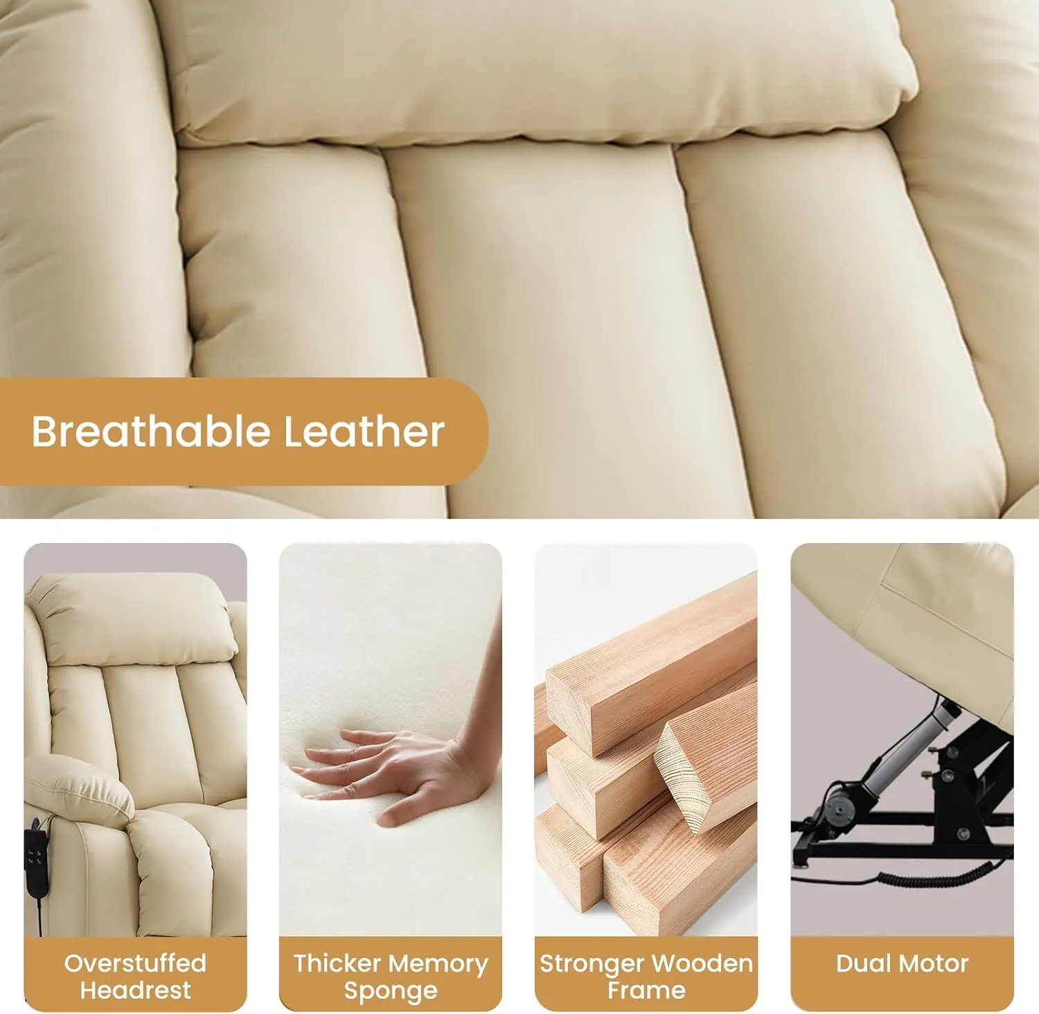 TEKAMON Power Lift Recliner Chair for Elderly with Heat & Massage, Dual Motor Breathable Leather Recliner, Lay Flat Sleeping Chairs with Infinite Position, RemoteControl & USB Ports(Beige)