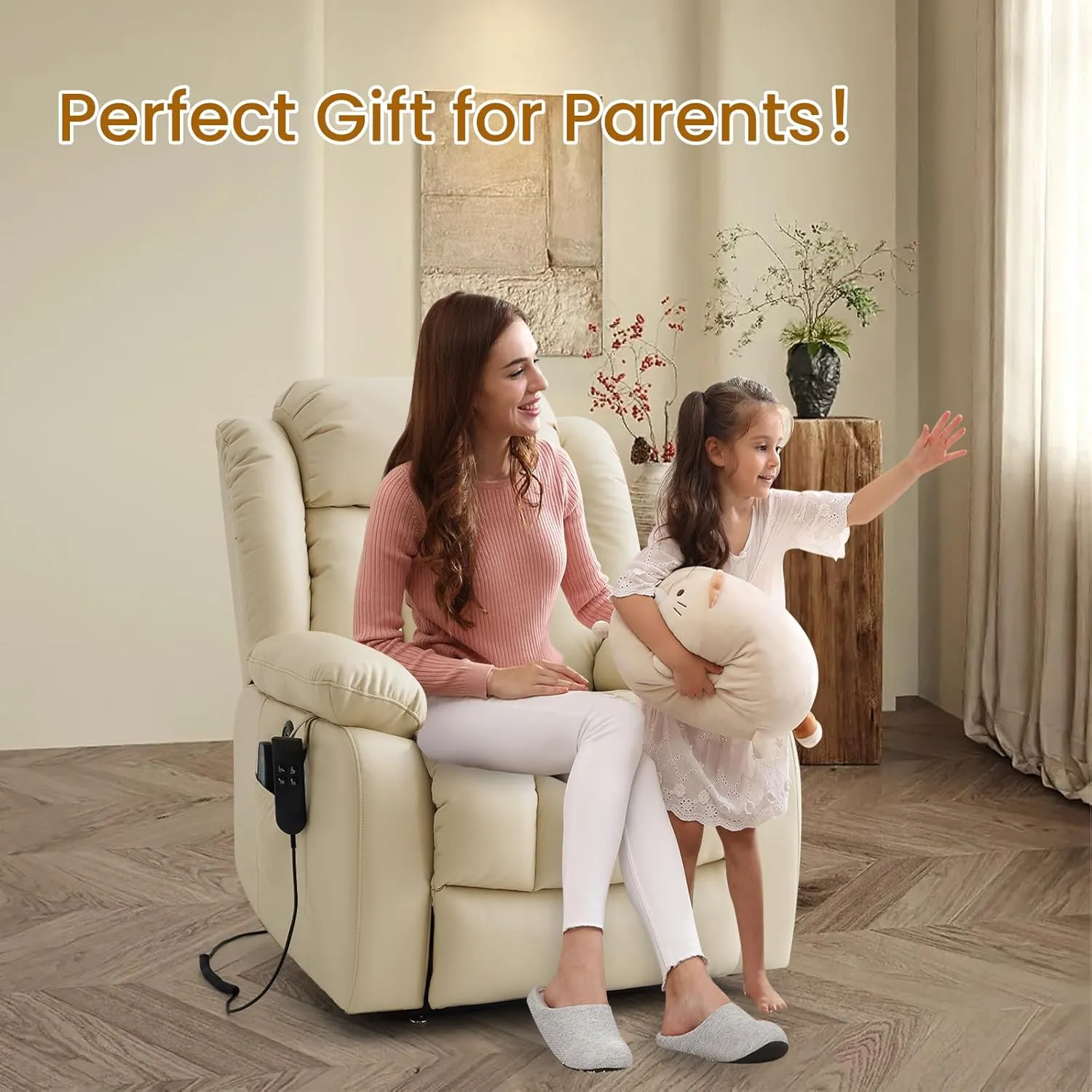 TEKAMON Power Lift Recliner Chair for Elderly with Heat & Massage, Dual Motor Breathable Leather Recliner, Lay Flat Sleeping Chairs with Infinite Position, RemoteControl & USB Ports(Beige)