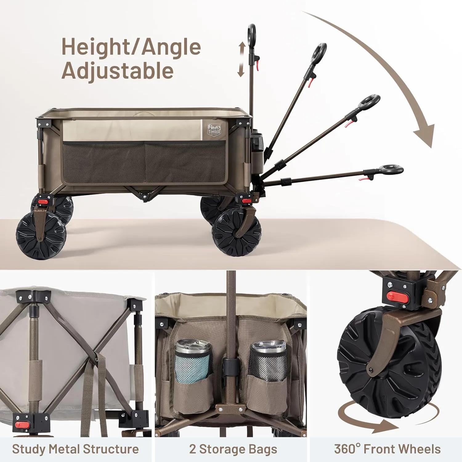 TIMBER RIDGE Outdoor Collapsible Wagon Utility Folding Cart Heavy Duty All Terrain Wheels for Shopping Camping Garden with Side Bag and Cup Holders,Tan