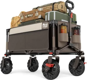 TIMBER RIDGE Outdoor Collapsible Wagon Utility Folding Cart Heavy Duty All Terrain Wheels for Shopping Camping Garden with Side Bag and Cup Holders,Tan