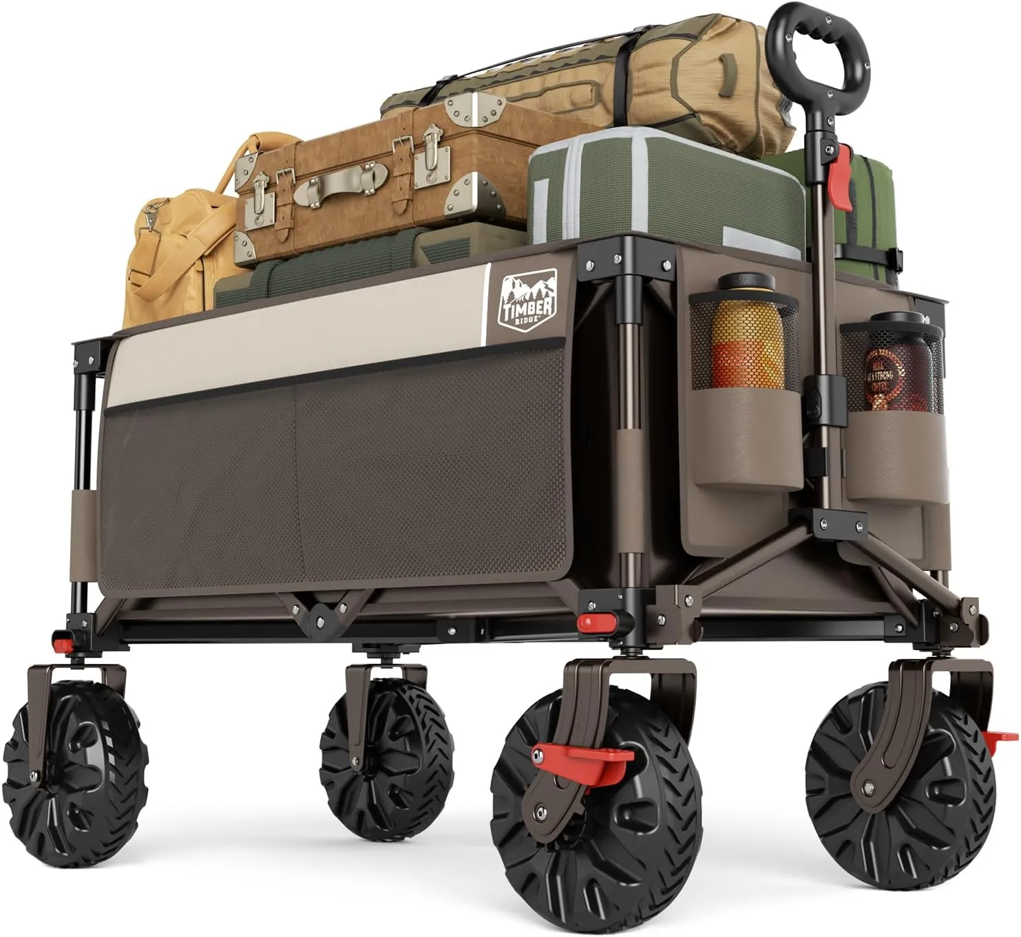 TIMBER RIDGE Outdoor Collapsible Wagon Utility Folding Cart Heavy Duty All Terrain Wheels for Shopping Camping Garden with Side Bag and Cup Holders,Tan