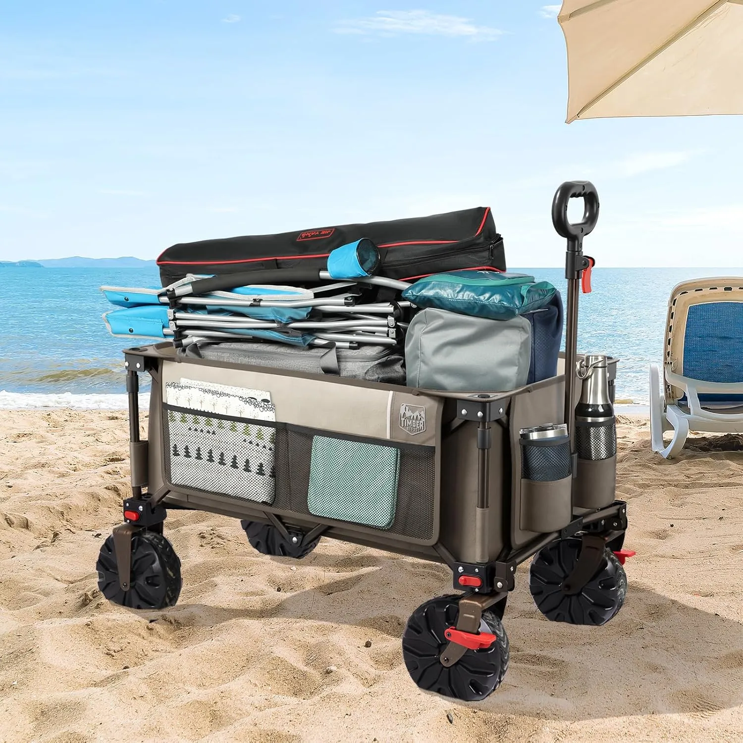 TIMBER RIDGE Outdoor Collapsible Wagon Utility Folding Cart Heavy Duty All Terrain Wheels for Shopping Camping Garden with Side Bag and Cup Holders,Tan
