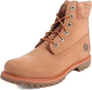 Timberland 6" Premium Boot - Boots for Women - Waterproof Nubuck Leather - Padded Collar - Rustproof Hardware Sunburn Waterbuck w/Apple Blossom Henna Print Collar 9 B - Medium