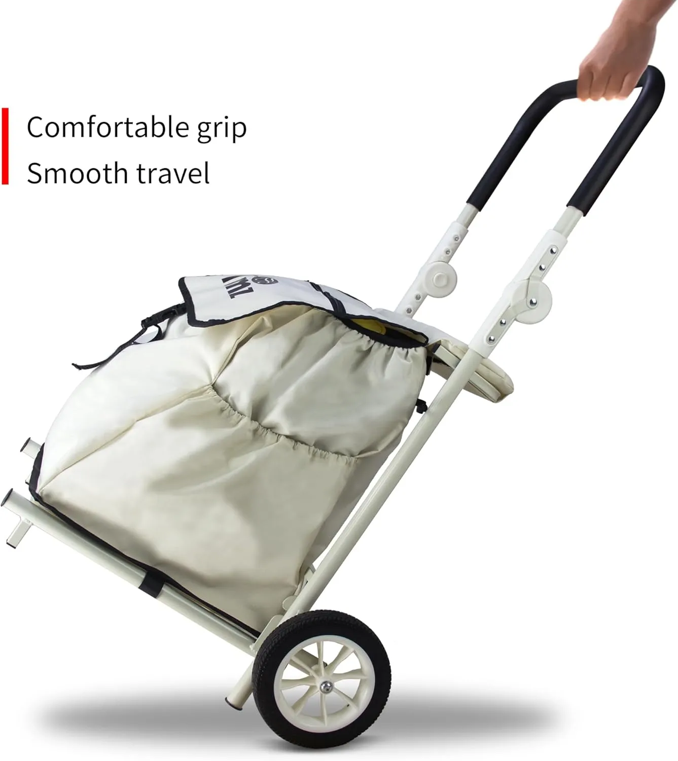 TMZ 2-Wheel Foldable Shopping Cart with Seat Function and Removable Bag - Lightweight Portable Grocery Trolley, 110 lbs Capacity Utility Cart for Market, Travel, Apartment (Beige)