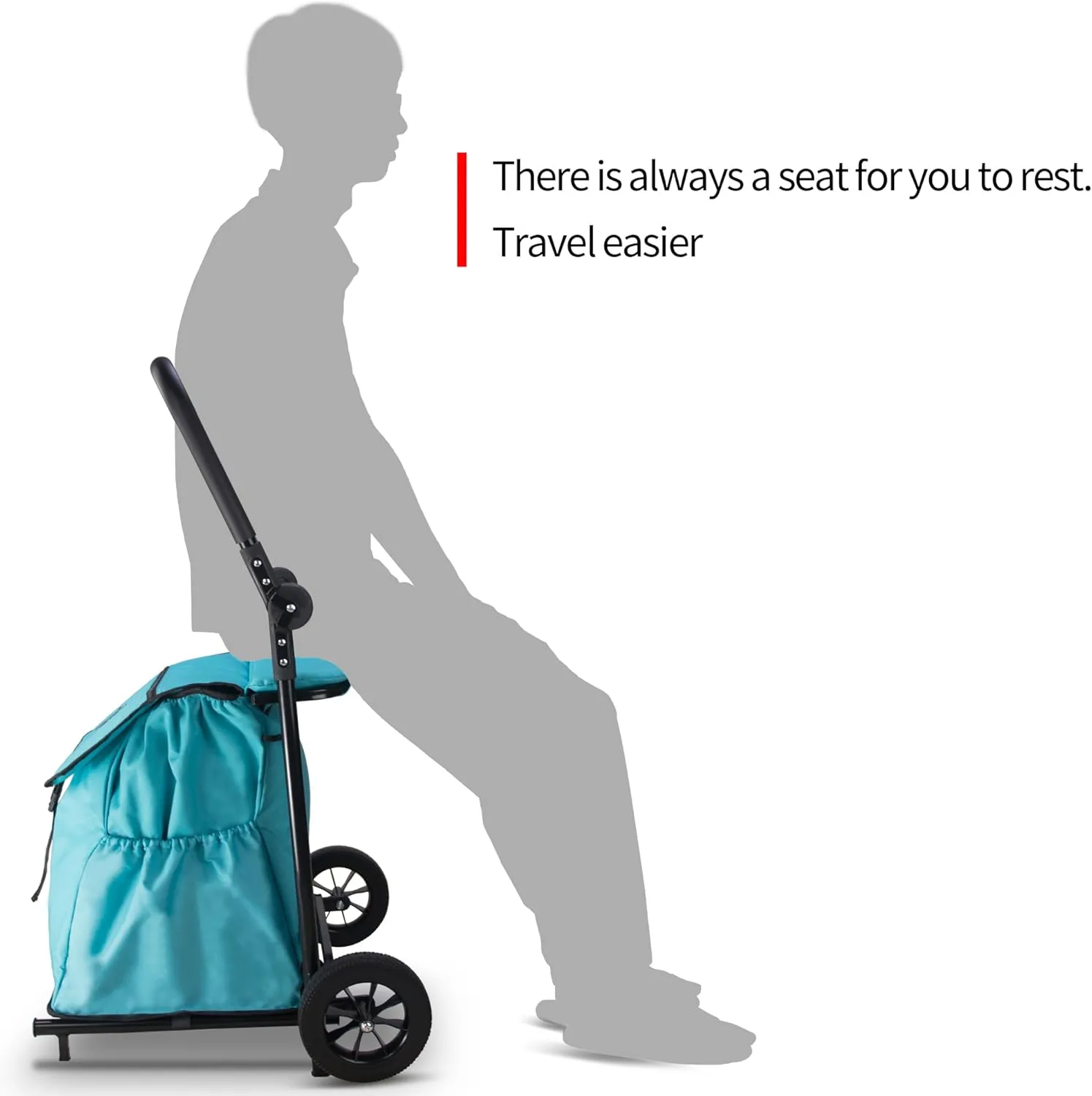 TMZ 2-Wheel Foldable Shopping Cart with Seat Function and Removable Bag - Lightweight Portable Grocery Trolley, 110 lbs Capacity Utility Cart for Market, Travel, Apartment (Turquoise)