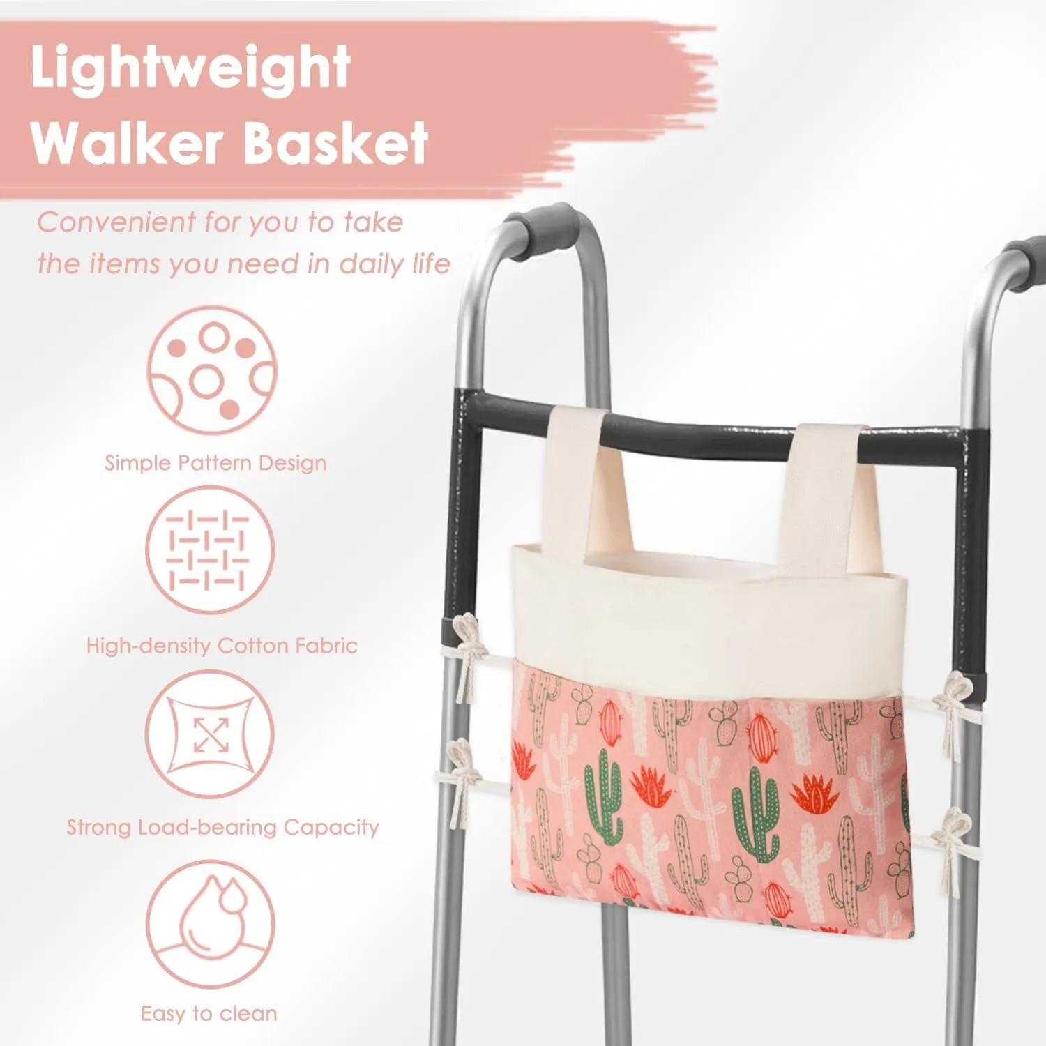 TOGETRUE Walker Bag, Handy Walker Basket with Water Cup Holder, Walker Storage Accessories Bag for Folding Walker, Wheelchairs, Strollers, 15"x11.5" (Cactus)