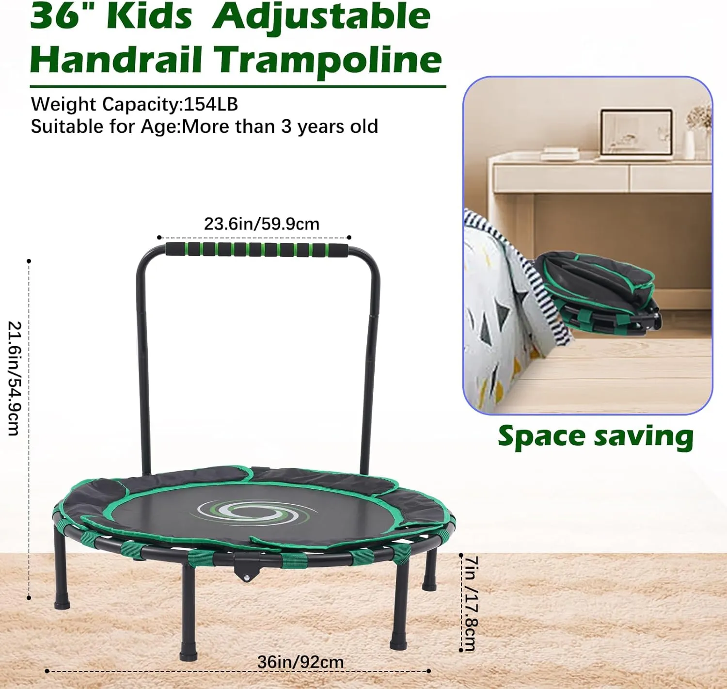 Trampoline for Toddlers 36Inch Mini Trampoline for Kids with Handle Indoor Outdoor Use Foldable Trampoline with Safty Padded Cover