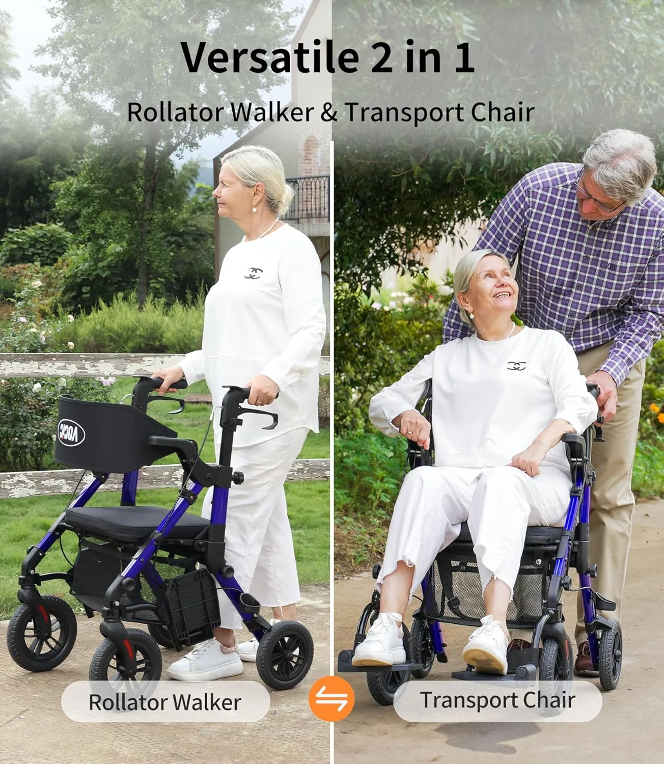 Transport-Wheelchair-Lightweight-Foldable, Walker Wheelchair Combo, Rollator-Walkers-for-Seniors-with-Seat, 2 in 1 Rolling Walker, 300lb Adults 4 Wheel Transport Chair w/Brakes & Pouch-FSA HSA