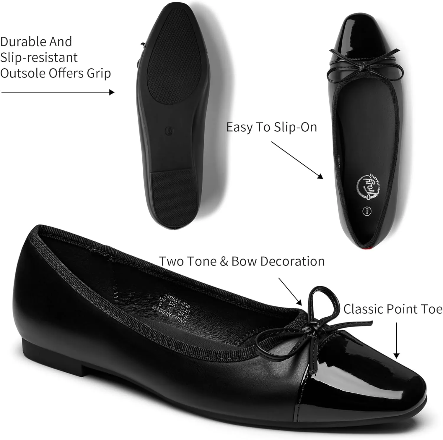 Trary Flat Shoes Women Pointed Toe Flats for Women Two-Tone Cap Toe Ballet Flats Shoes Comfortable Dressy Casual Slip-on Work Daily Soft Flat Shoes