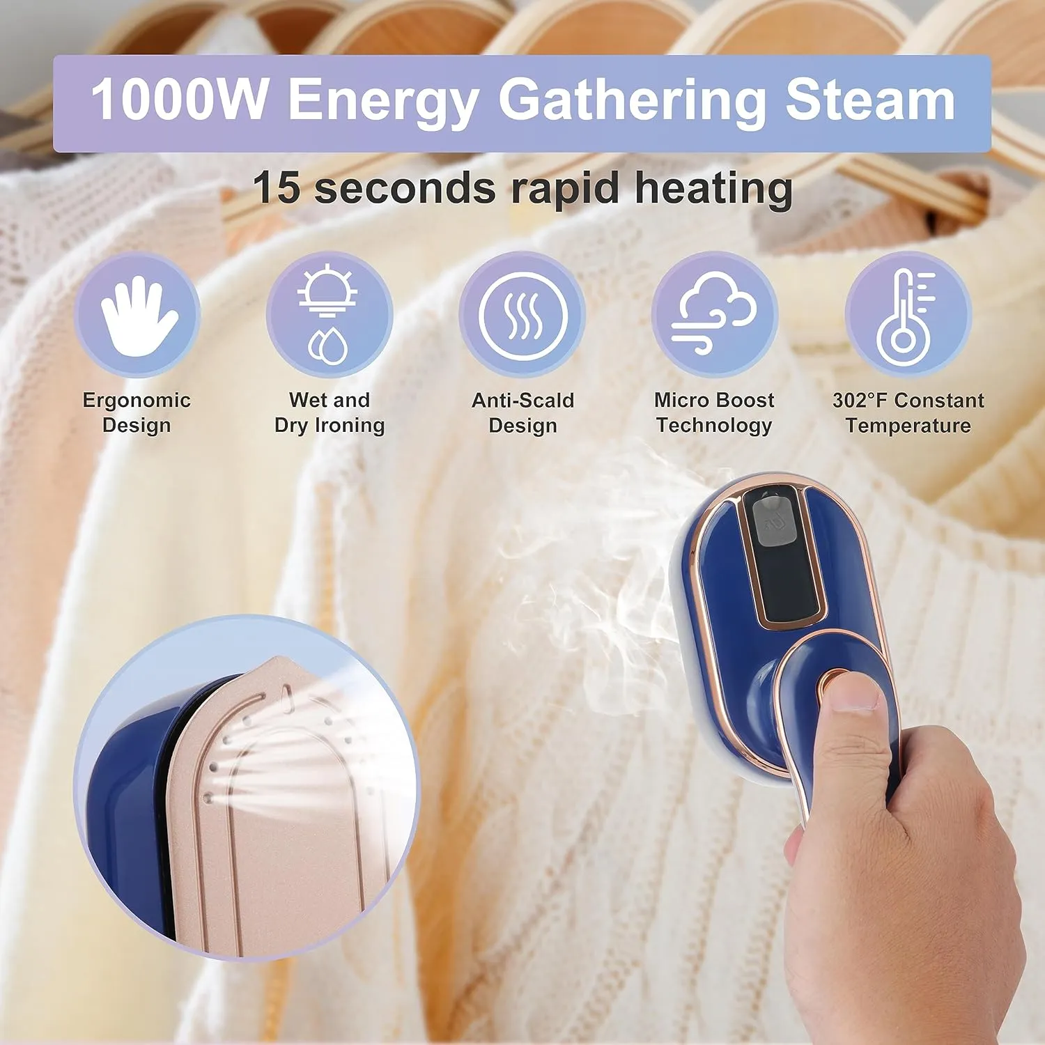 Travel Steamer Iron for Clothes, 1000W Handheld Portable Steamer, 10s Fast Heating Up 180° Rotary Small Size Garment Steamer Iron, Mini Steam Iron for Home, Dorm, Travel Essentials