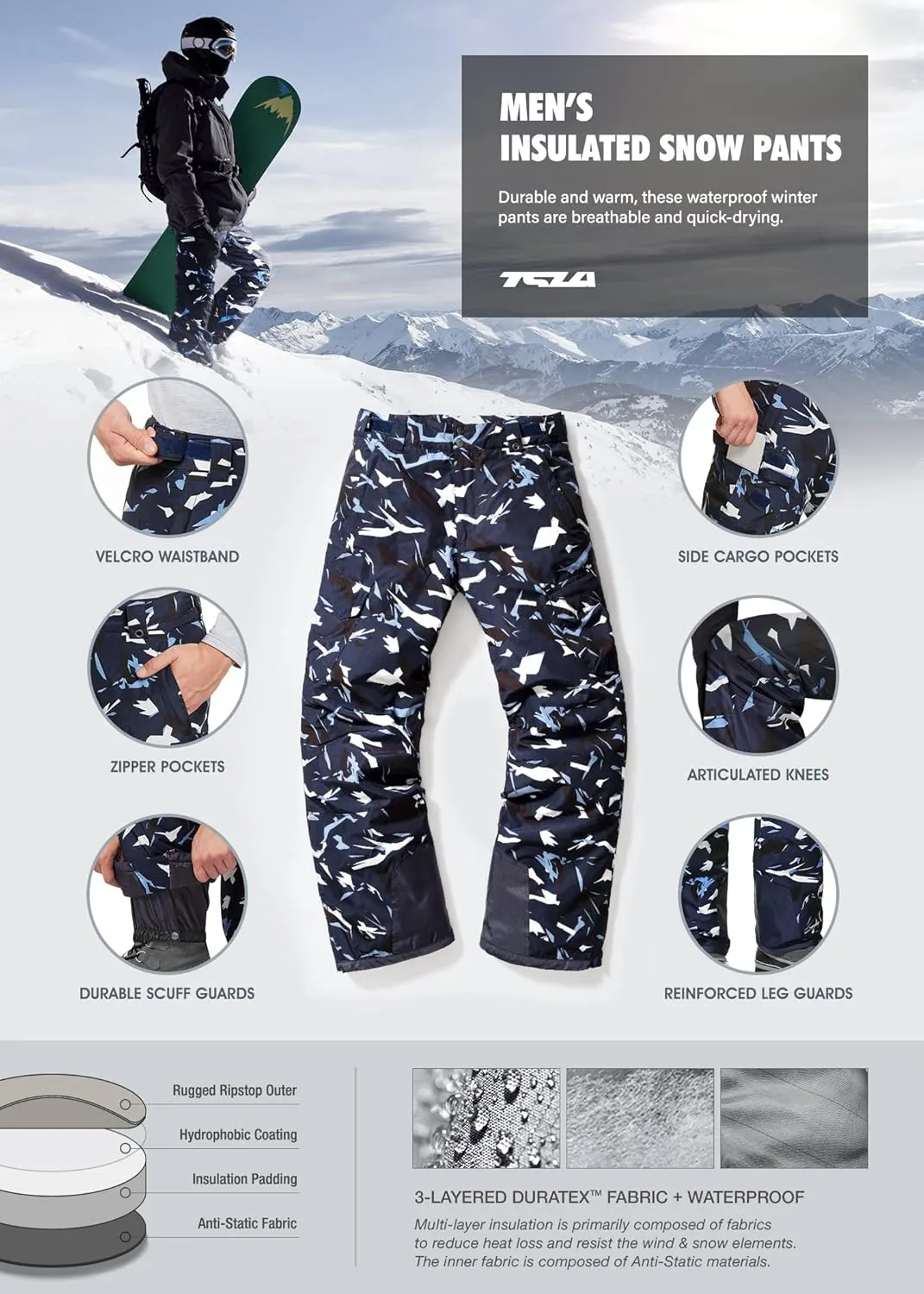 TSLA Men's Winter Snow Pants, Waterproof Insulated Ski Pants, Ripstop Windproof Snowboard Bottoms