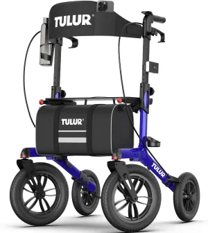 TULUR All-Terrain Rollator Walker for Seniors - 12" Big Rubber Wheels & LED Floodlight | Lightweight Aluminum Mobility Aid with Seat, Backrest & Cup Holder | Foldable   Storage Bag (Blue)