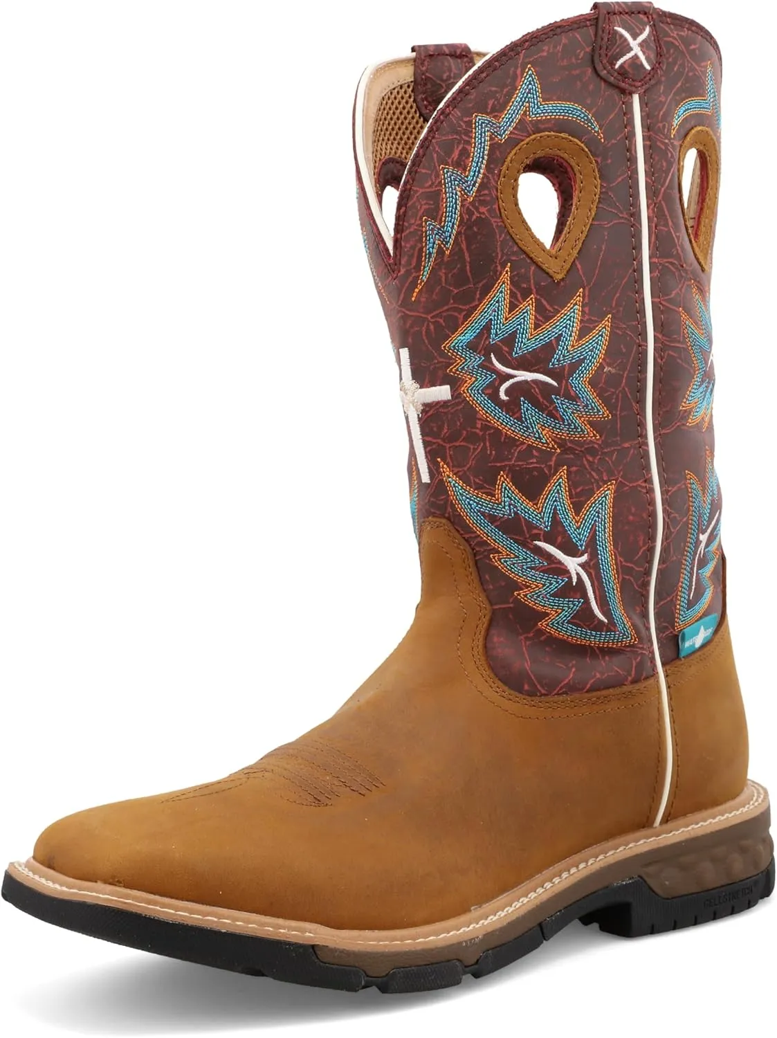 Twisted X Men's 12" Western Work Boot, Square Toe with CellStretch, Tan & Burgundy, 7.5 EE