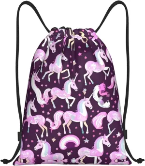 Unicorns Red Drawstring Backpack Cinch Bags, Nylon Drawstring Bags For Trip Gym Party
