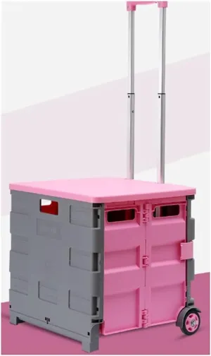 Utility Shopping Cart Foldable Shopping Cart, Plastic Universal Wheel Large-Capacity Trolley Portable Light And Practical Trolley (40*33*36*95cm) Portable Grocery Cart to Save Space ( Color : Pink )