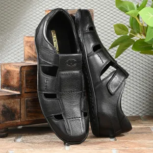 Valentino Men Genuine Leather Black Sandals with Cushioned Footbed and Durable Rubber Sole (CityWalker-25-Black)