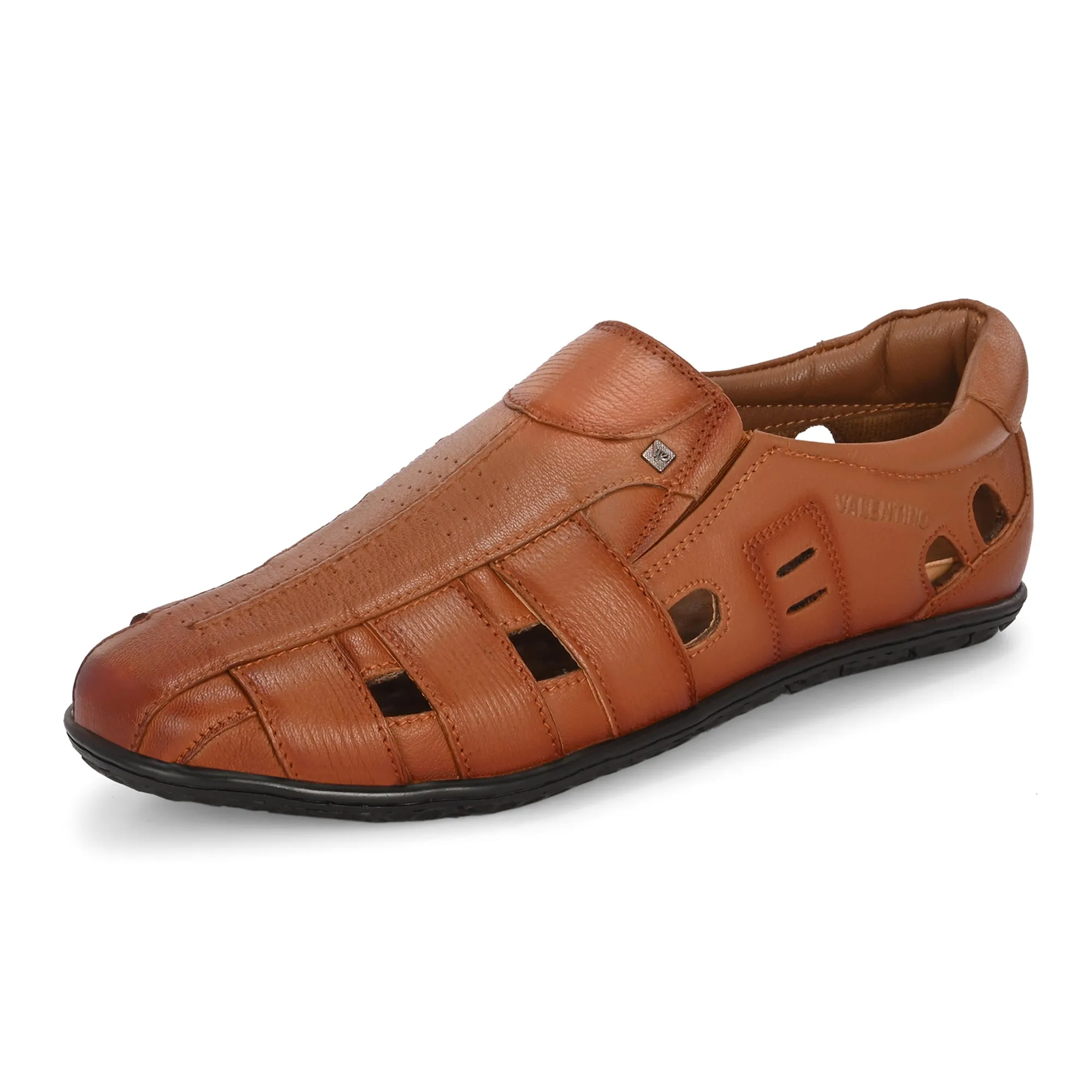 Valentino Men's Genuine Leather Tan Sandals with Cushioned Footbed and Durable Rubber Sole (CityWalker-13-Tan)