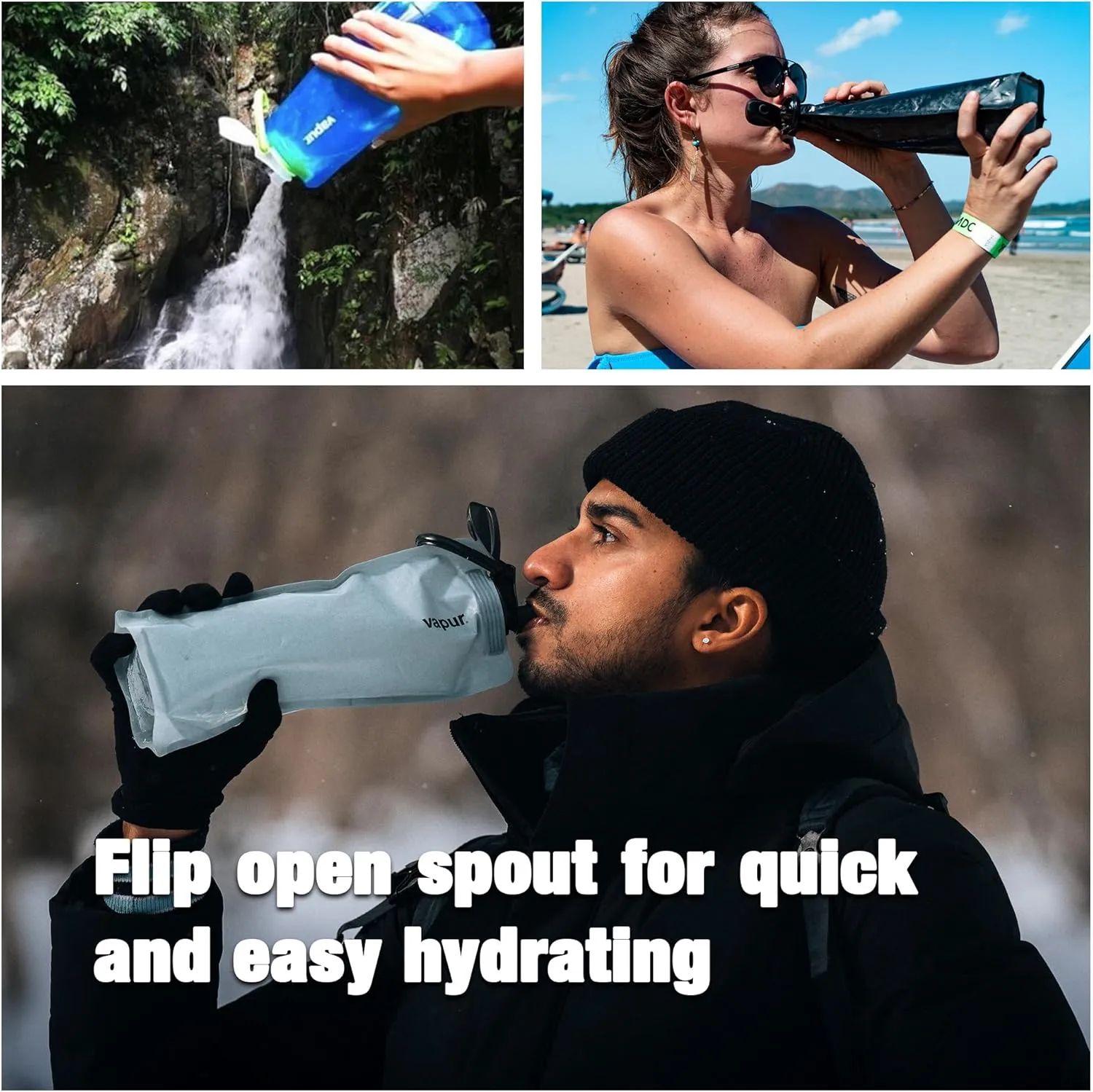 Vapur Collapsible Water Bottle With Carabiner, Compact Bottle Folds Flat For Hydration On The Go, Ideal for Traveling, Hiking or Camping, 23 Ounce, Fire, Pack of 1