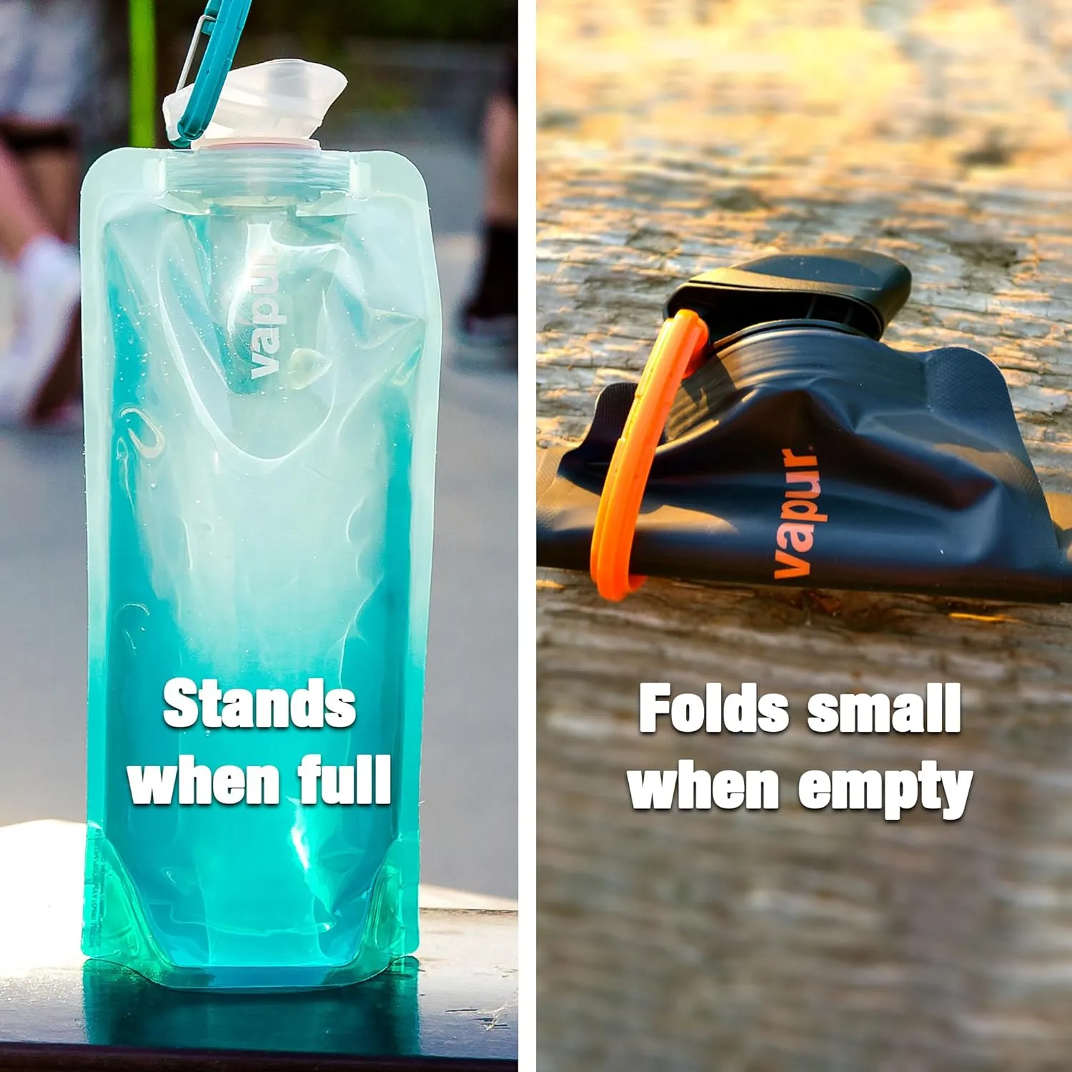 Vapur Collapsible Water Bottle With Carabiner, Compact Bottle Folds Flat For Hydration On The Go, Ideal for Traveling, Hiking or Camping, 23 Ounce, Fire, Pack of 1