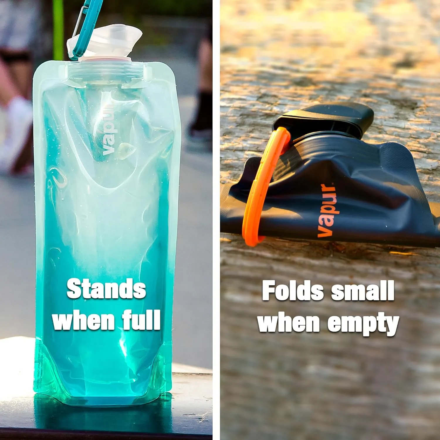 Vapur Collapsible Water Bottle With Carabiner, Compact Bottle Folds Flat For Hydration On The Go, Ideal for Traveling, Hiking or Camping, 34 Ounce, Burgundy, Pack of 2