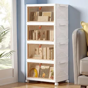 VECELO 4 Tier Storage Bins with Lid, Stackable Boxes with Magnetic Doors & Wheels, Foldable Containers, 23 QT Closet Organizers for Living Room, Office, Dorm