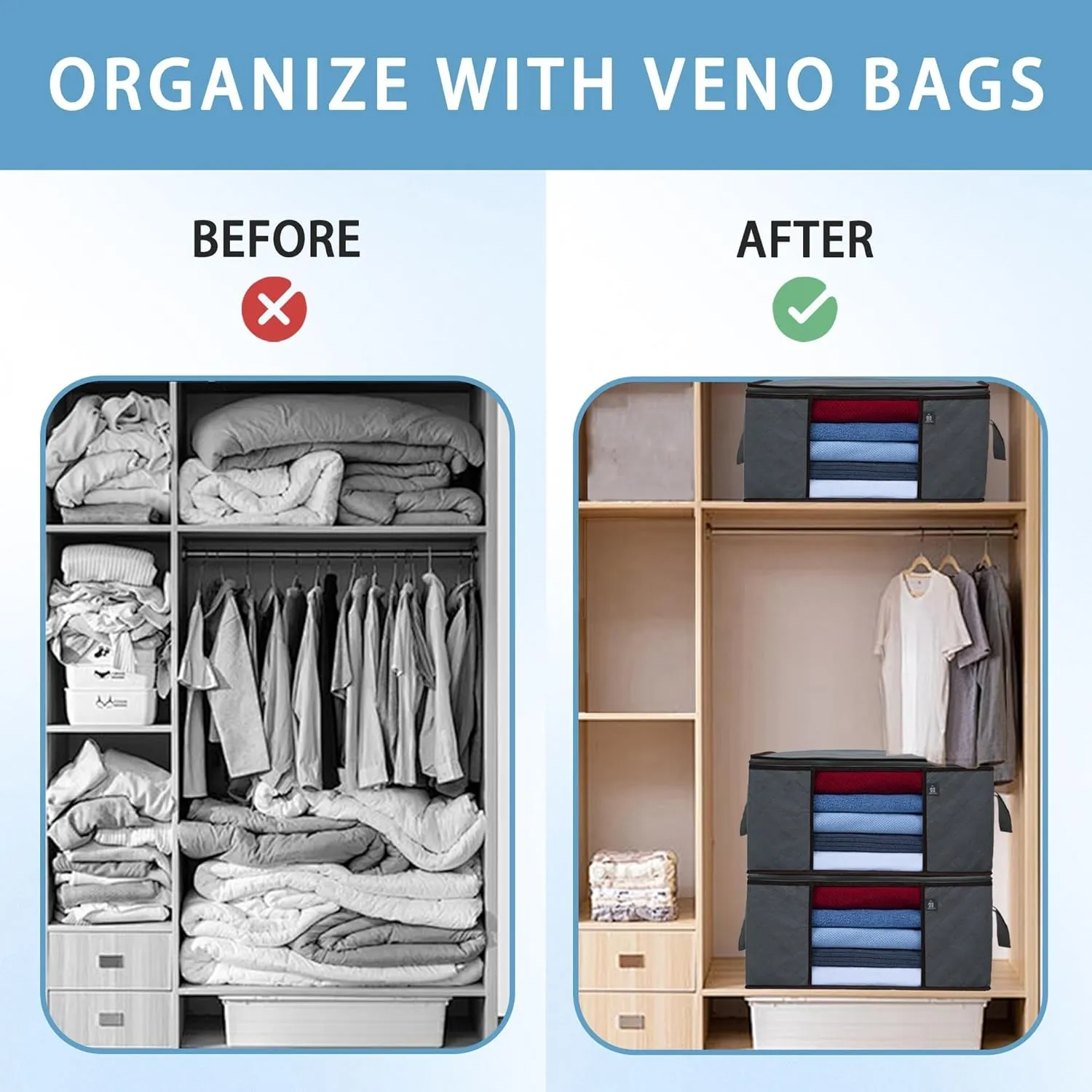 VENO 3 Pack Large Clothes Storage Bag Organizer with Reinforced Handle Thick Fabric for Comforters, Blankets, Bedding, Foldable with Sturdy Zipper, Clear Window, Grey, Reusable (13.3 Gallon)