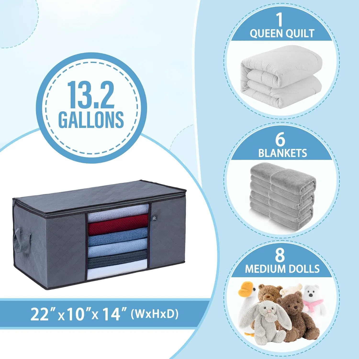 VENO 3 Pack Large Clothes Storage Bag Organizer with Reinforced Handle Thick Fabric for Comforters, Blankets, Bedding, Foldable with Sturdy Zipper, Clear Window, Grey, Reusable (13.3 Gallon)