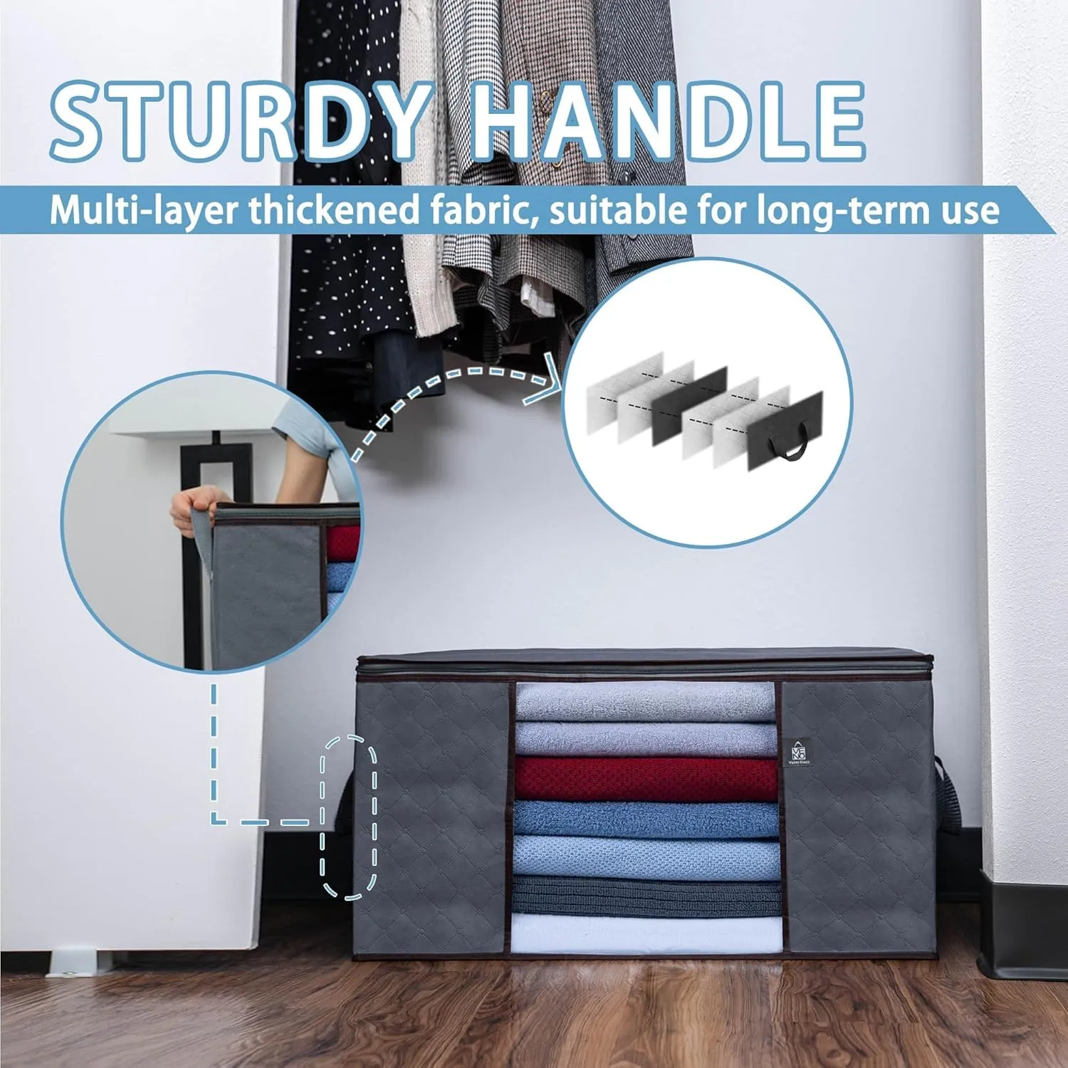 VENO 3 Pack Large Clothes Storage Bag Organizer with Reinforced Handle Thick Fabric for Comforters, Blankets, Bedding, Foldable with Sturdy Zipper, Clear Window, Grey, Reusable (13.3 Gallon)
