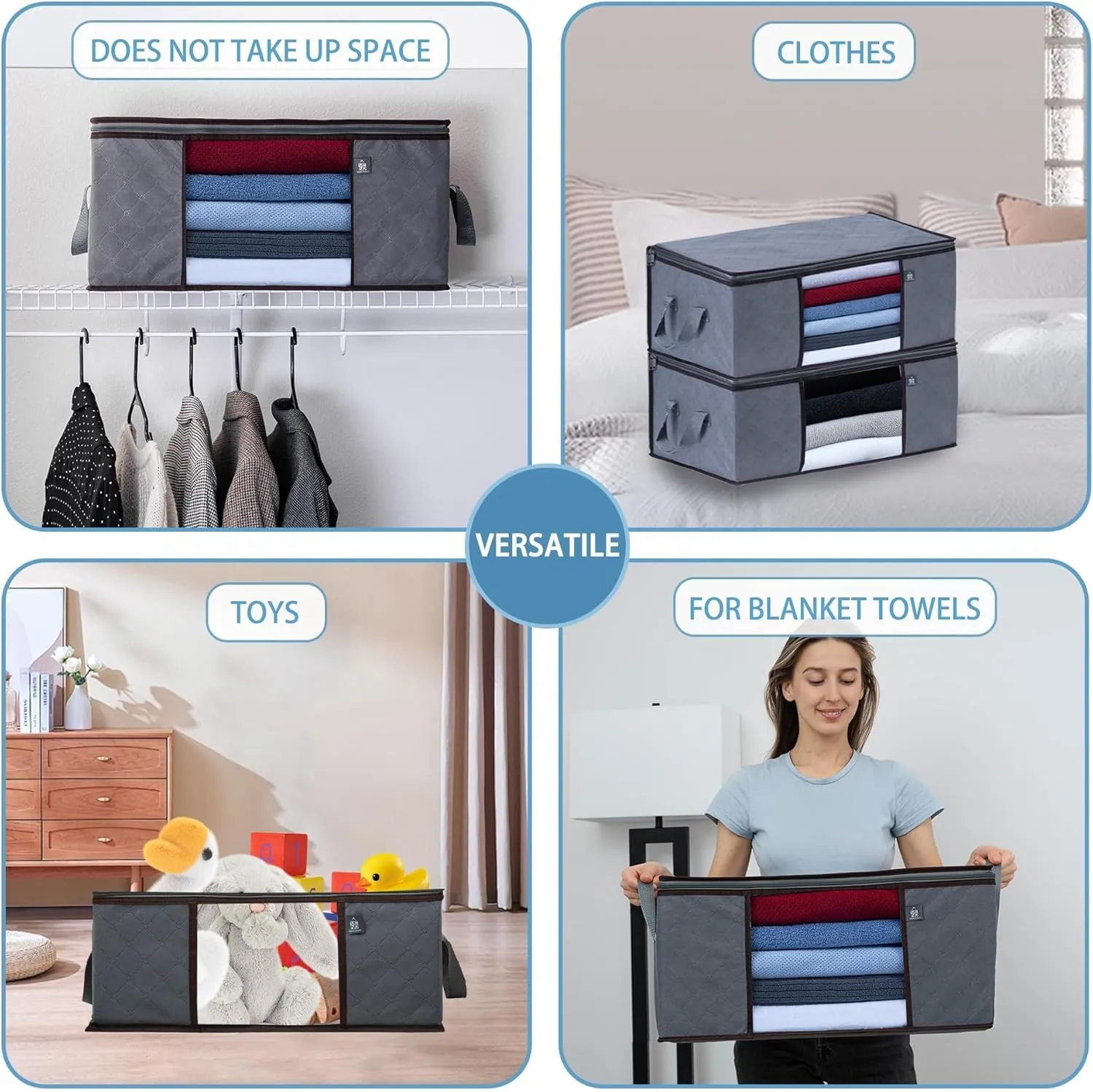 VENO 3 Pack Large Clothes Storage Bag Organizer with Reinforced Handle Thick Fabric for Comforters, Blankets, Bedding, Foldable with Sturdy Zipper, Clear Window, Grey, Reusable (13.3 Gallon)