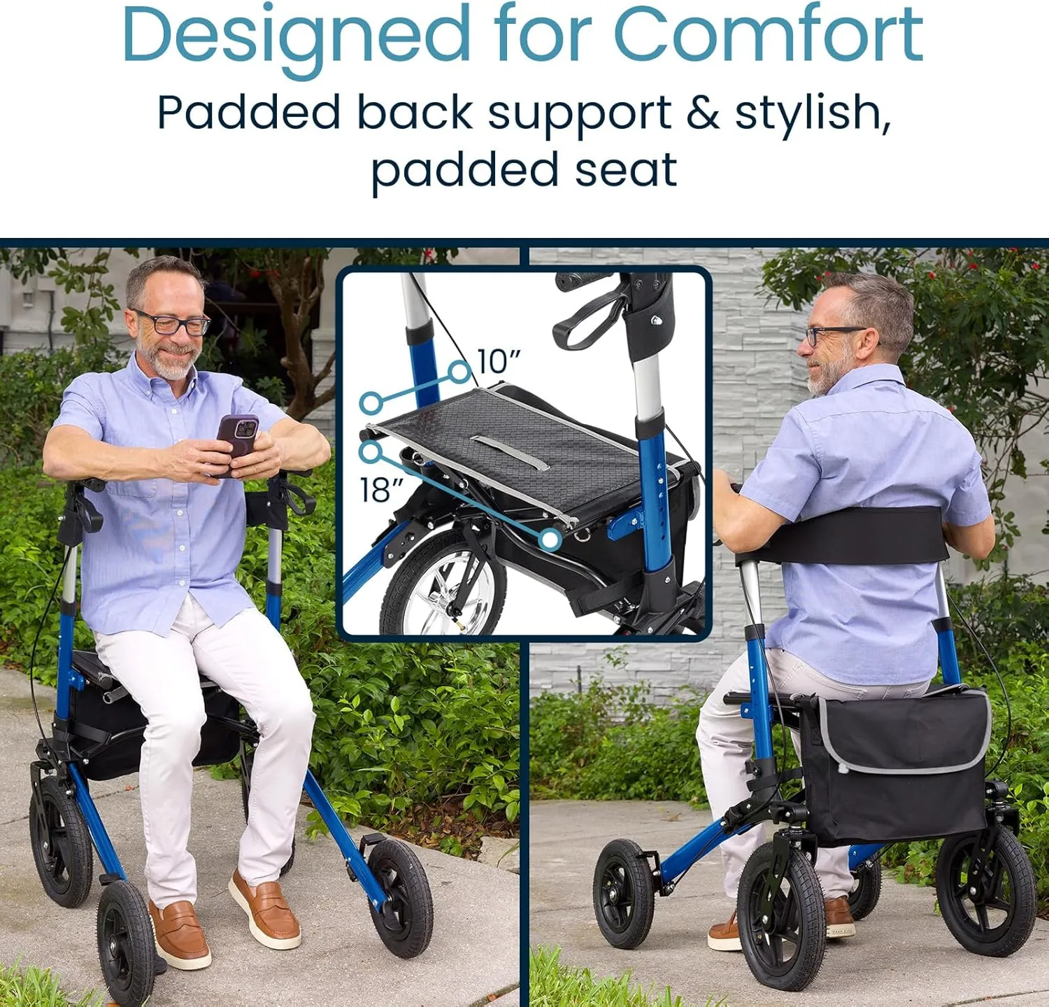 Vive All-Terrain Rollator Walker with 12” Pneumatic Wheels - Padded Seat & Backrest, Lightweight Outdoor Rolling Walker with Big Wheels - Foldable with Height Adjustments