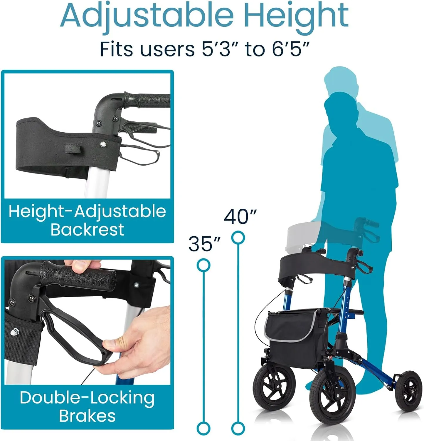 Vive All-Terrain Rollator Walker with 12” Pneumatic Wheels - Padded Seat & Backrest, Lightweight Outdoor Rolling Walker with Big Wheels - Foldable with Height Adjustments