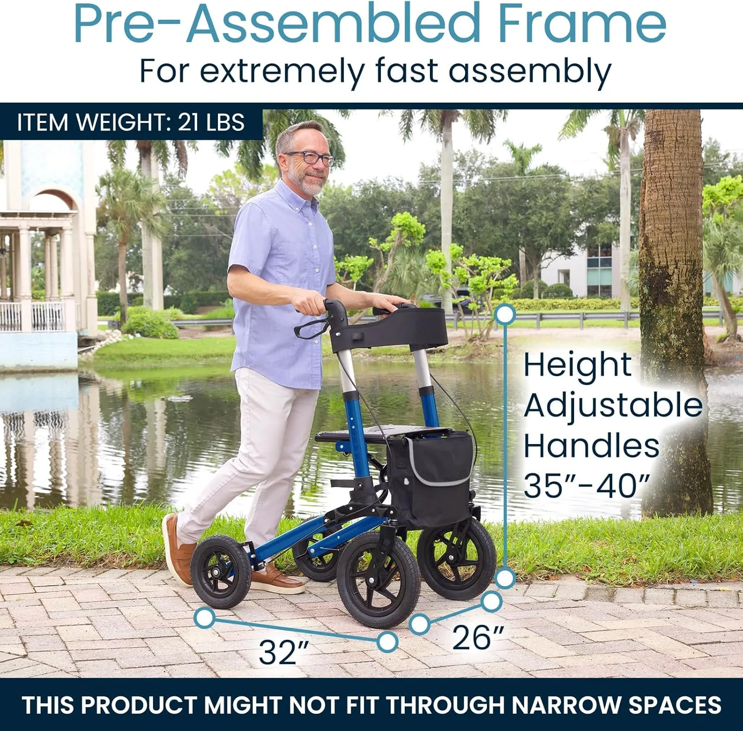 Vive All-Terrain Rollator Walker with 12” Pneumatic Wheels - Padded Seat & Backrest, Lightweight Outdoor Rolling Walker with Big Wheels - Foldable with Height Adjustments