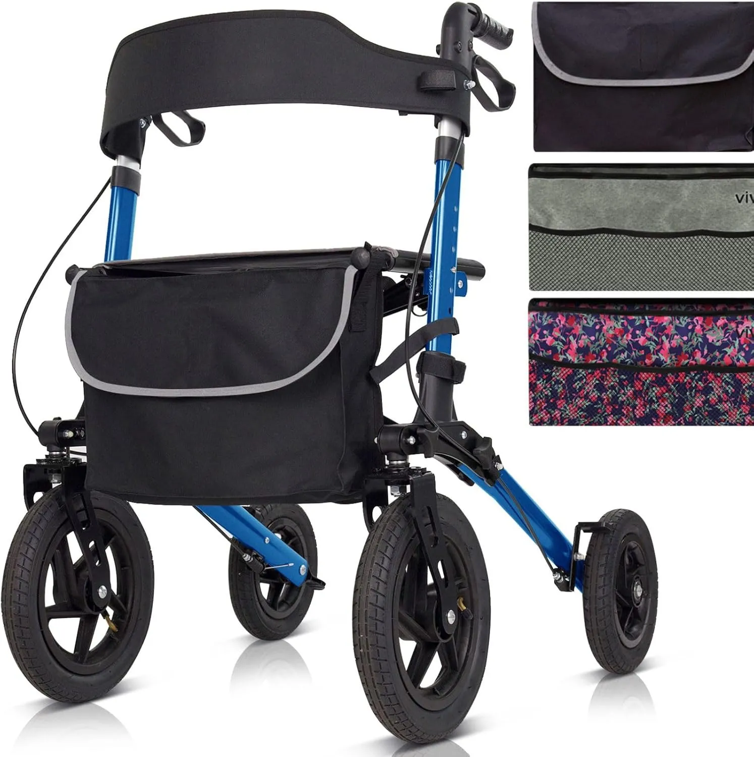 Vive All-Terrain Rollator Walker with 12” Pneumatic Wheels - Padded Seat & Backrest, Lightweight Outdoor Rolling Walker with Big Wheels - Foldable with Height Adjustments