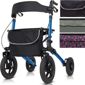 Vive All-Terrain Rollator Walker with 12” Pneumatic Wheels - Padded Seat & Backrest, Lightweight Outdoor Rolling Walker with Big Wheels - Foldable with Height Adjustments