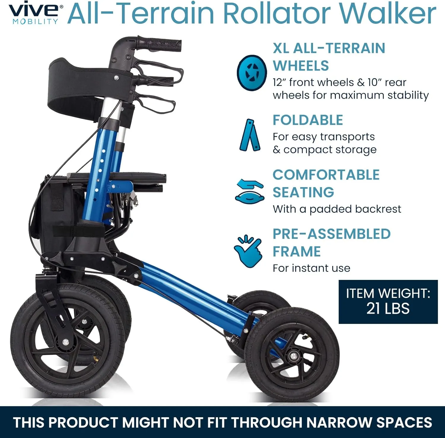 Vive All-Terrain Rollator Walker with 12” Pneumatic Wheels - Padded Seat & Backrest, Lightweight Outdoor Rolling Walker with Big Wheels - Foldable with Height Adjustments