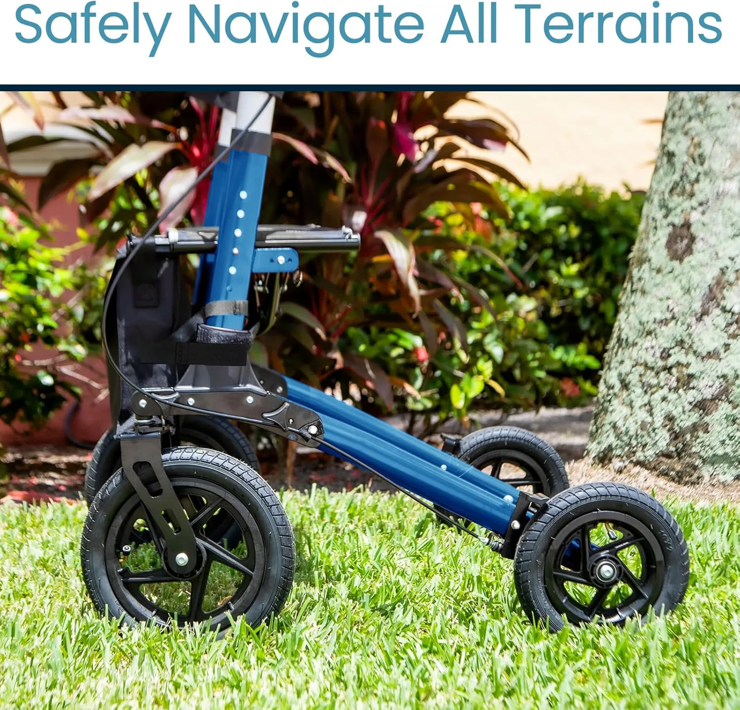 Vive All-Terrain Rollator Walker with 12” Pneumatic Wheels - Padded Seat & Backrest, Lightweight Outdoor Rolling Walker with Big Wheels - Foldable with Height Adjustments