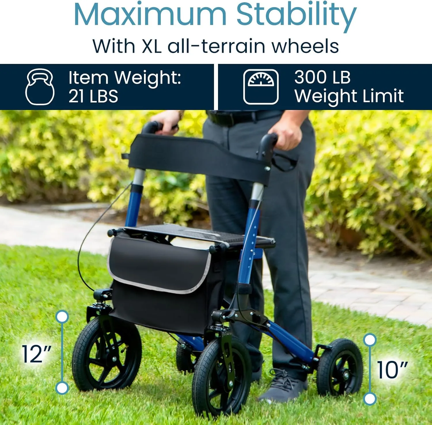Vive All-Terrain Rollator Walker with 12” Pneumatic Wheels - Padded Seat & Backrest, Lightweight Outdoor Rolling Walker with Big Wheels - Foldable with Height Adjustments