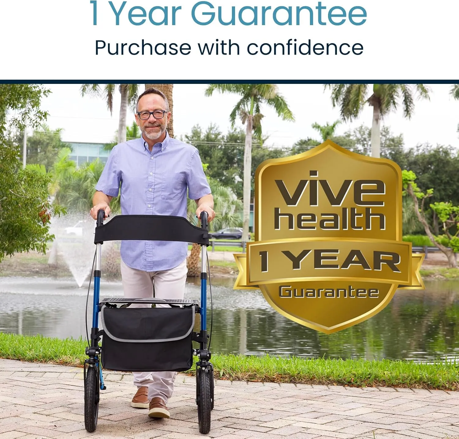 Vive All-Terrain Rollator Walker with 12” Pneumatic Wheels - Padded Seat & Backrest, Lightweight Outdoor Rolling Walker with Big Wheels - Foldable with Height Adjustments